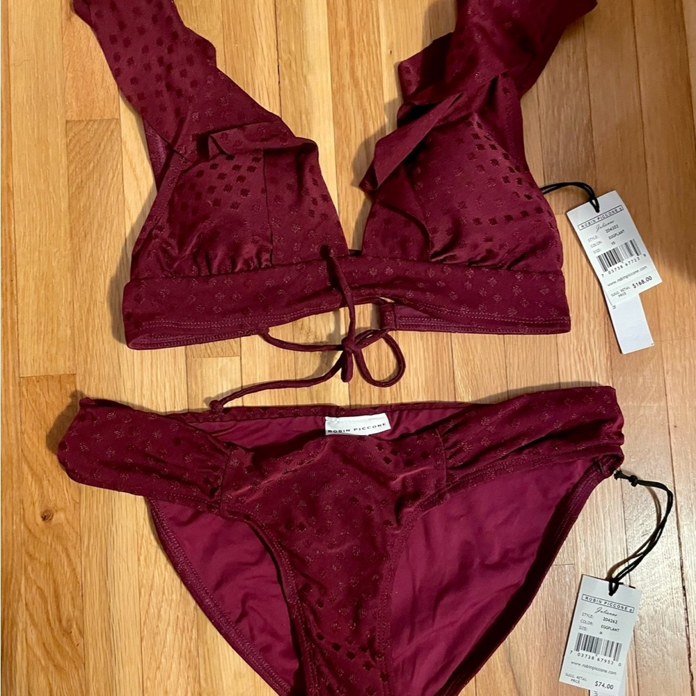 Robin Piccone Julianna Ruffle Bikini Eggplant Top Size XS Bottom Size M NWT